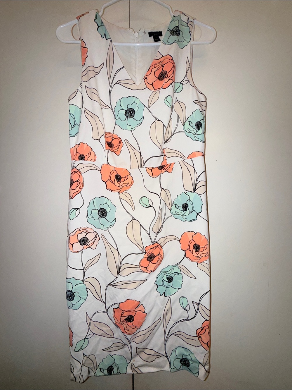 Ann Taylor Floral Sheath Dress in White with Coral & Mint